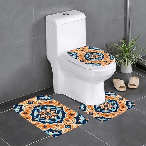 JKDGOJ Symmetrisches Blumenbild, 3-teiliges Badezimmerteppich-Set, rutschfest, leicht zu reinigen und zu pflegen, feuchtigkeitsblockierend und langlebig von JKDGOJ