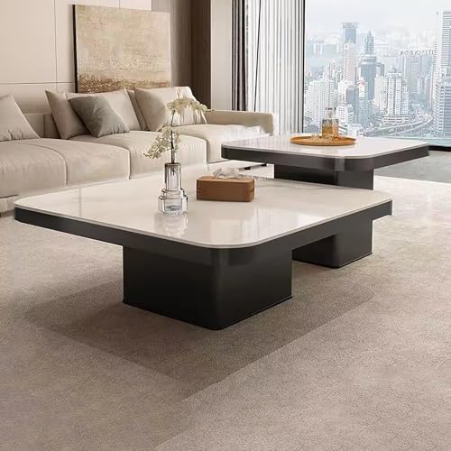 JKDSDE Couchtisch 2er Set Modern Quadratisch Mit Schieferplatte & 2 Massivholzschubladen, Beistelltisch Metall Gestell 2er Set,für Wohnzimmer, Schlafzimmer, Büro(A,80+60cm/31.4+23.6in) von JKDSDE