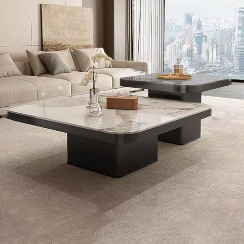JKDSDE Couchtisch 2er Set Modern Quadratisch Mit Schieferplatte & 2 Massivholzschubladen, Beistelltisch Metall Gestell 2er Set,für Wohnzimmer, Schlafzimmer, Büro(B,80+60cm/31.4+23.6in) von JKDSDE