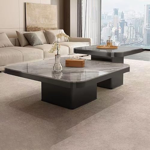 JKDSDE Couchtisch 2er Set Modern Quadratisch Mit Schieferplatte & 2 Massivholzschubladen, Beistelltisch Metall Gestell 2er Set,für Wohnzimmer, Schlafzimmer, Büro(C,70+50cm/27.5+19.6in) von JKDSDE