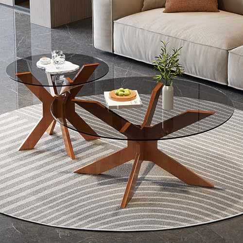 JKDSDE Moderner 2er Set Couchtisch Rund Gummibaumholz, Beistelltisch Tischplatte Aus Gehärtetem Glas Kombination Aus Hohen Und Niedrigen Tischen,für Wohnzimmer Und Büros(A,80+50cm/31.4+19.6in) von JKDSDE