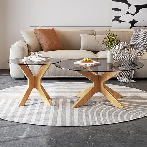 JKDSDE Moderner 2er Set Couchtisch Rund Gummibaumholz, Beistelltisch Tischplatte Aus Gehärtetem Glas Kombination Aus Hohen Und Niedrigen Tischen,für Wohnzimmer Und Büros(B,70+50cm/27.5+19.6in) von JKDSDE