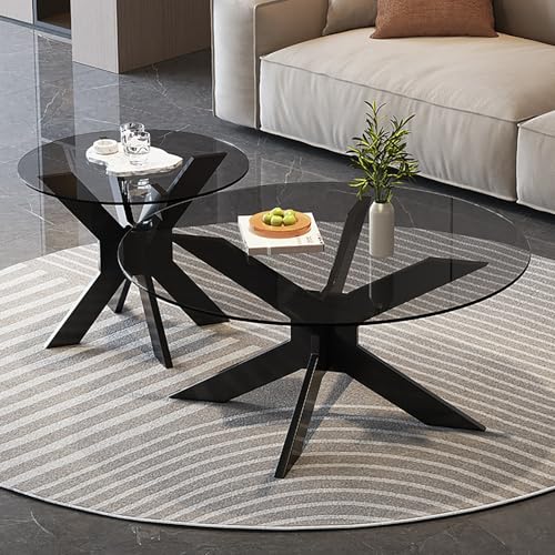 JKDSDE Moderner 2er Set Couchtisch Rund Gummibaumholz, Beistelltisch Tischplatte Aus Gehärtetem Glas Kombination Aus Hohen Und Niedrigen Tischen,für Wohnzimmer Und Büros(C,80+50cm/31.4+19.6in) von JKDSDE