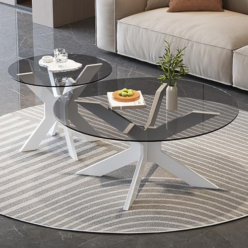 JKDSDE Moderner 2er Set Couchtisch Rund Gummibaumholz, Beistelltisch Tischplatte Aus Gehärtetem Glas Kombination Aus Hohen Und Niedrigen Tischen,für Wohnzimmer Und Büros(D,80+50cm/31.4+19.6in) von JKDSDE