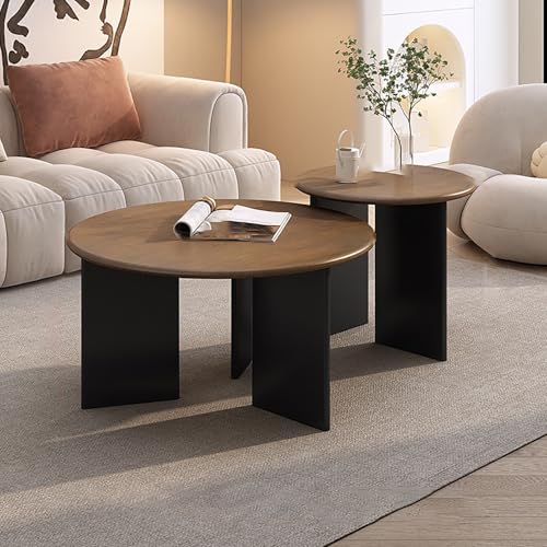 JKDSDE Wohnzimmer Couchtisch Und Beistelltisch Set Aus 2 Massivholz Tischchen, Vintage Design Runde Coffee Table Im Mid Century Stil, Landhaus Optik Walnuss Finish(80+50cm/31.4+19.6in) von JKDSDE