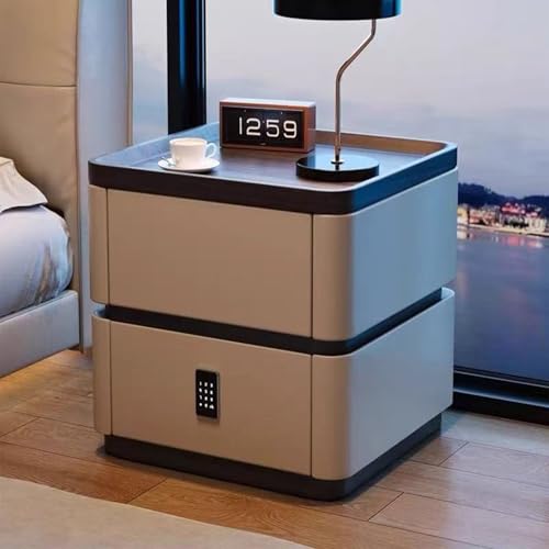 Moderner Nachttisch Im Cremefarbenen Stil,Nachtschrank Aus Massivholz Mit Intelligentem Passwortschloss 2 Schubladen, Nachtkommode Für Schlafzimmer Wohnzimmer(B,50*40*50cm/19.7*15.7*19.7in) von JKDSDE