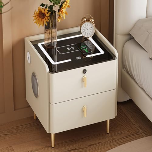 Nachttisch Mit Polsterung Und Bluetooth，Nachtschrank Aus Massivholz Mit Kabelloser Ladefunktion Zwei Schubladen Und USB-Anschlüssen，Nachtkommode Für Schlafzimmer(A,40*45*46cm/15.7x17.7x18.1in) von JKDSDE