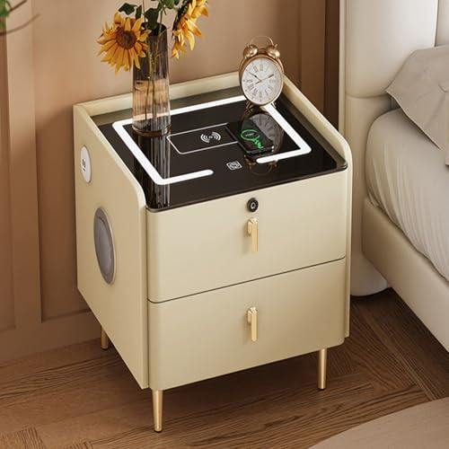 Nachttisch Mit Polsterung Und Bluetooth，Nachtschrank Aus Massivholz Mit Kabelloser Ladefunktion Zwei Schubladen Und USB-Anschlüssen，Nachtkommode Für Schlafzimmer(B,40*40*46cm/15.7x15.7x18.1in) von JKDSDE