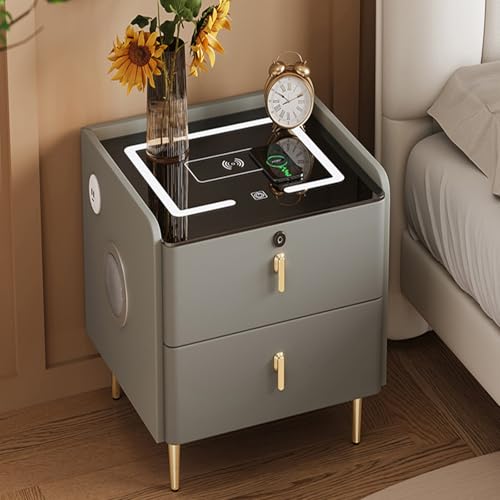 Nachttisch Mit Polsterung Und Bluetooth，Nachtschrank Aus Massivholz Mit Kabelloser Ladefunktion Zwei Schubladen Und USB-Anschlüssen，Nachtkommode Für Schlafzimmer(C,40*40*46cm/15.7x15.7x18.1in) von JKDSDE