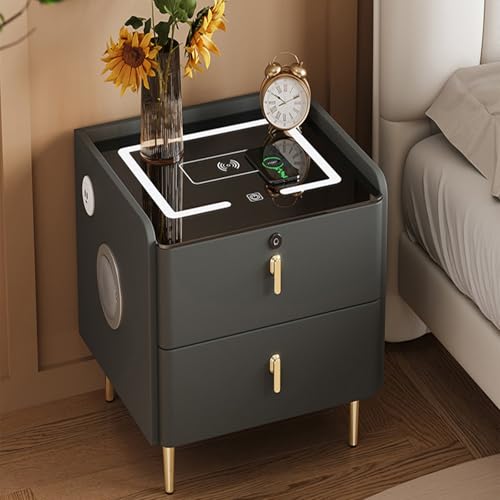 Nachttisch Mit Polsterung Und Bluetooth，Nachtschrank Aus Massivholz Mit Kabelloser Ladefunktion Zwei Schubladen Und USB-Anschlüssen，Nachtkommode Für Schlafzimmer(D,40*45*46cm/15.7x17.7x18.1in) von JKDSDE