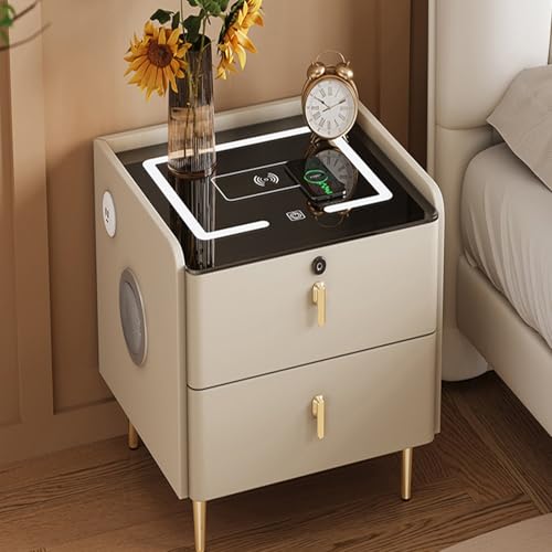 Nachttisch Mit Polsterung Und Bluetooth，Nachtschrank Aus Massivholz Mit Kabelloser Ladefunktion Zwei Schubladen Und USB-Anschlüssen，Nachtkommode Für Schlafzimmer(E,40*40*46cm/15.7x15.7x18.1in) von JKDSDE