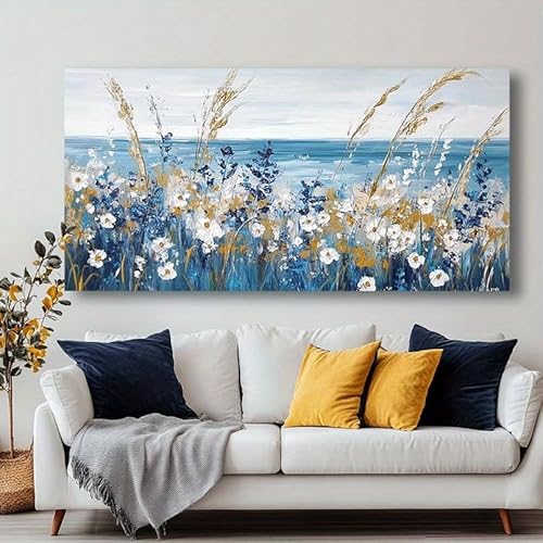 JKEVCBIAX Abstraktes Gemälde mit Küstenblumenfeld, ungerahmte Leinwandkunst, Kunstwerk für Badezimmer, Esszimmer, Küche, Büro (70 x 140 cm/ohne Rahmen) von JKEVCBIAX