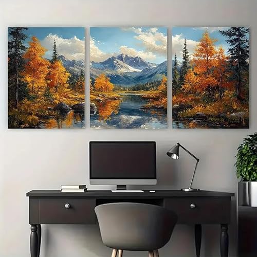 JKEVCBIAX Leinwandbild mit Herbstbäumen und Berglandschaft – perfekt für Wohnzimmer, Schlafzimmer, Küche, perfekt als Raumdekoration (70 x 90 cm x 3/ohne Rahmen) von JKEVCBIAX
