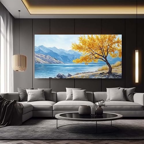 JKEVCBIAX Moderne abstrakte Leinwand-Wandkunst mit Herbstbäumen am Seeufer – lebendige Herbstfarben, Landschaftsgemälde für Wohnzimmer, Schlafzimmer (30 x 60 cm/ohne Rahmen) von JKEVCBIAX