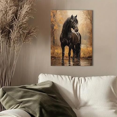 JKEVCBIAX Moderner Kunstdruck auf Leinwand mit schwarzem Pferd – rahmenlose Wanddekoration aus strukturiertem Stoff für Wohnzimmer, Schlafzimmer, Flur, Büro (60 x 90 cm) von JKEVCBIAX