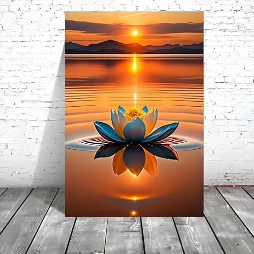 JKEVCBIAX rahmenloser Kunstdruck auf Leinwand mit Sonnenuntergang für Lotus, moderne abstrakte Wanddekoration mit leuchtendem Blau, perfekt für die Raumdekoration (50 x 70 cm) von JKEVCBIAX