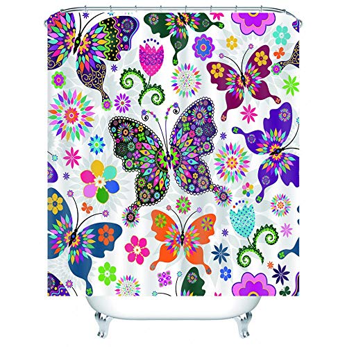 Duschvorhang Schmetterling, 150 x 180 cm, mit 12 Duschvorhanghaken, Anti-Schimmel, wasserdicht, Polyester, schnelltrocknend von JKIYUGFGH