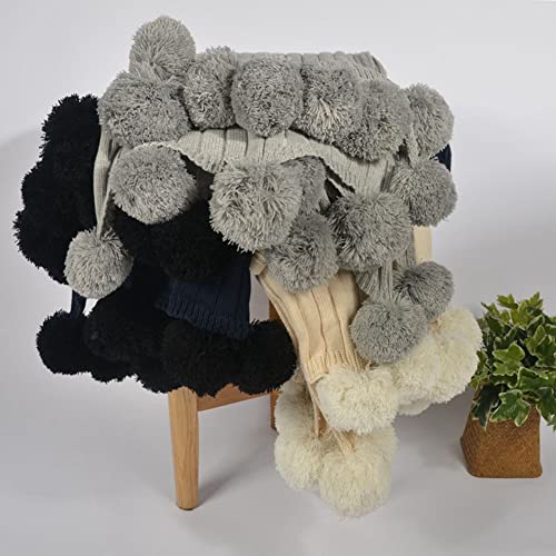 Reine Baumwolle Grob Strickdecke mit Pom Dekorative Decke 150x200cm Bettdecke Quaste Bälle Überwurf Decke Kuscheldecke Couchdecke von JKKLMM