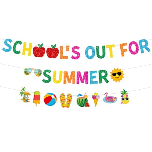 JKQ Glitzerndes Banner "School 's out for Summer" mit Apfelschildern und bunten glitzernden Sommermustern, Banner zum Schuljahresende, Girlande, Banner, Sommer, Urlaub, Strand, Pool, Party, Kamin, von JKQ