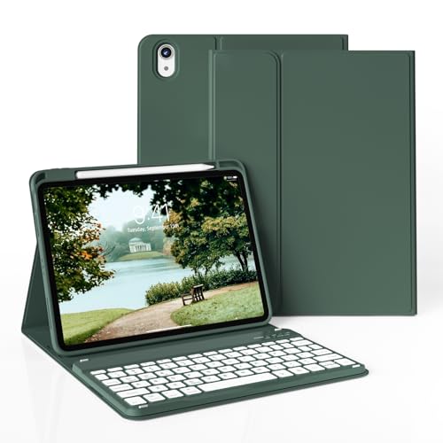 JKSML Tastatur Hülle für iPad (A16) 11 Zoll 2025 & iPad 10. Generation 10,9 Zoll 2022 | 7 Farben Beleuchtete Tastatur | QWERTZ Layout|Soft TPU Rückseite Gehäuse | Auto Schlafen/Wecken (Dunkelgrün) von JKSML