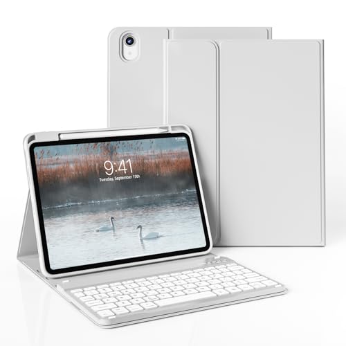 JKSML Tastatur Hülle für iPad (A16) 11 Zoll 2025 & iPad 10. Generation 10,9 Zoll 2022 | 7 Farben Beleuchtete Tastatur | QWERTZ Layout|Soft TPU Rückseite Gehäuse | Auto Schlafen/Wecken (Grau) von JKSML