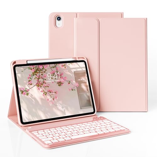 JKSML Tastatur Hülle für iPad (A16) 11 Zoll 2025 & iPad 10. Generation 10,9 Zoll 2022 | 7 Farben Beleuchtete Tastatur | QWERTZ Layout|Soft TPU Rückseite Gehäuse | Auto Schlafen/Wecken (Hellrosa) von JKSML