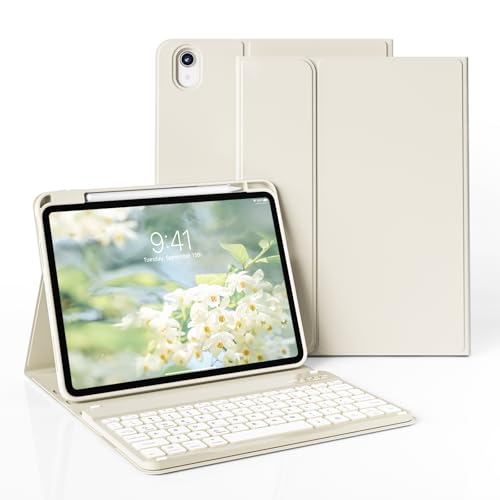 JKSML Tastatur Hülle für iPad (A16) 11 Zoll 2025 & iPad 10. Generation 10,9 Zoll 2022 | 7 Farben Beleuchtete Tastatur | QWERTZ Layout|Soft TPU Rückseite Gehäuse | Auto Schlafen/Wecken (Weiße Creme) von JKSML
