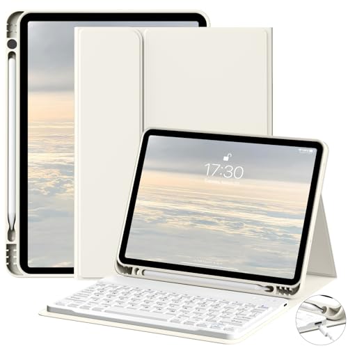 JKSML Tastatur Hülle für iPad (A16) 11 Zoll 2025 & iPad 10 Generation 10,9 Zoll 2022, Bluetooth QWERTZ Tastatur Hülle mit Pencil Halter, Soft TPU Rückseite Gehäuse, Auto Schlafen/Wecken, Weiße Creme von JKSML