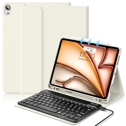 JKSML Tastatur Hülle für iPad 9th/8th/7th Generation (2021/2020/2019), Soft TPU Rückseite Schutzhülle mit Pencil Halter, Abnehmbarer Bluetooth Tastatur für iPad 10,2 Zoll, QWERTZ Layout (Weiße Creme) von JKSML