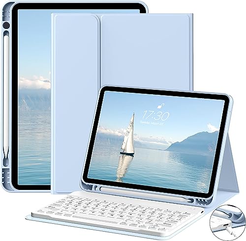 JKSML Tastatur Hülle für iPad Air 11 Zoll (M3/M2) 2025/2024 & iPad Air 5./4.Gen (2022/2020) 10.9 Zoll mit Pencil Halter, Abnehmbarer Bluetooth QWERTZ Tastatur, Auto Schlafen/Wecken (Himmelblau) von JKSML