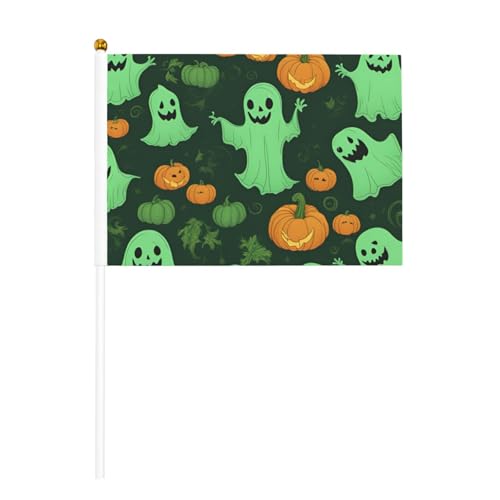 Grüner Geist Horror Halloween Kürbis 2 6er Pack & 10er Pack Handflagge, Banner auf Stab, kleine Flaggen für Paraden, Party, Bar, Geburtstag Grüner Geist Horror Halloween Kürbis 2 6er Pack & 10er Pack Handflagge, Banner auf Stab, kleine Flaggen für Paraden, Party, Bar, Geburtstag von JKXUN