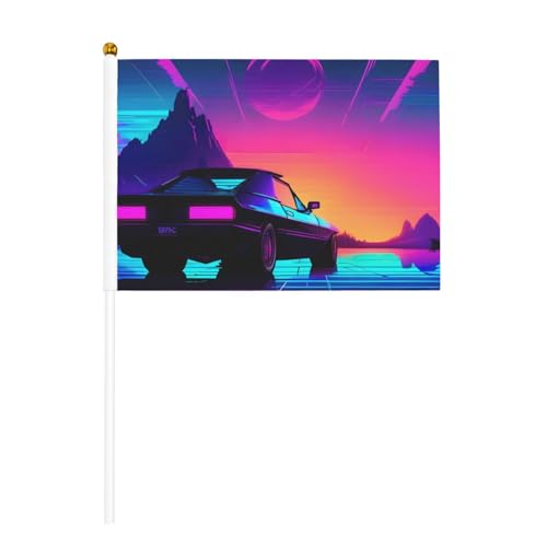 Retrowave Bilder 6 Stück & 10 Stück Handflagge, Banner auf Stab, kleine Flaggen für Paraden, Party, Bar, Geburtstag von JKXUN
