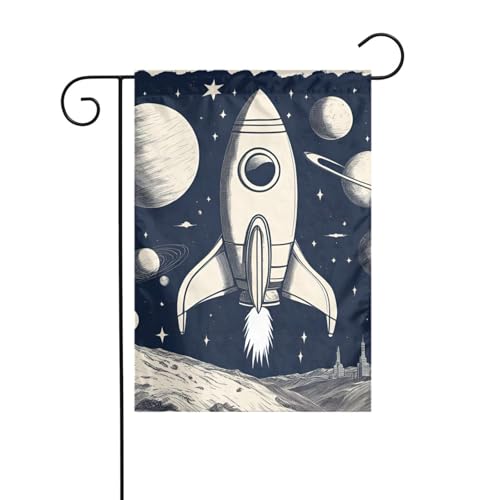 Rocket in Space Gartenflagge, doppelseitig, 30,5 x 45,7 cm, Flaggen für Outdoor-Urlaubsdekorationen, langlebige Hofflagge von JKXUN