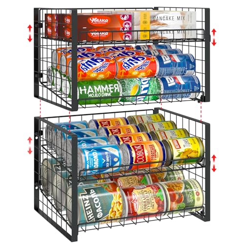 JKsmart Stapelbares Dosenregal für Speisekammer, 2-stöckig, verstellbarer Dosenspender für bis zu 62 Dosen, Dosenhalter für verschiedene Unzen von Konserven, Limonaden, Getränke, Schwarz, 2 Stück von JKsmart