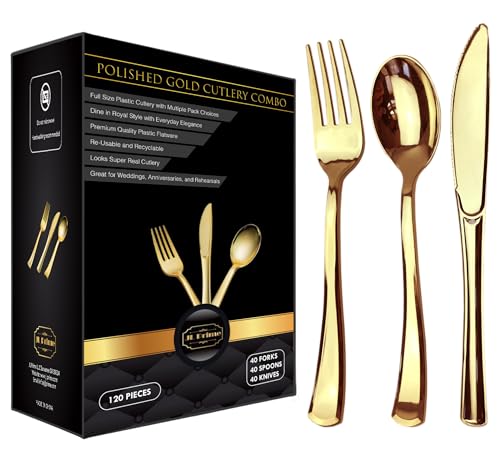 JL Prime 120 Gold Kunststoff-Besteck-Set - Strapazierfähige Einweg-Gold-Besteck, 40 Gabeln, 40 Löffel, 40 Messer JL Prime 120 Gold Kunststoff-Besteck-Set - Strapazierfähige Einweg-Gold-Besteck, 40 Gabeln, 40 Löffel, 40 Messer von JL Prime