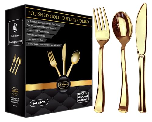 JL Prime 160 Gold Kunststoff-Besteck-Set, Strapazierfähige Einweg-Utensilien: 80 Gabeln, 40 Löffel, 40 Messer von JL Prime