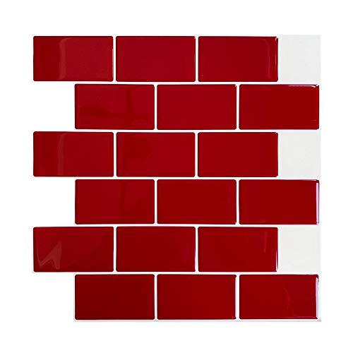 JLCP Selbstklebende 3D Fliesen Aufkleber 12 "X 12" Einfarbig Moderner Stil Der Einfachheit Wandfliese Aufkleber Für Bad Küche Hotel Cafe,Rot,10PCS von JLCP