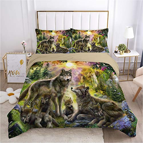 3D Wolf Bettwäsche Set 135x200 Tier Wolf Motiv Jungen Teens Bettbezug Wolf Theme Muster Bettwäsche Set mit Reißverschluss und Kissenbezug (G,135 x 200 cm) von JLCZBT