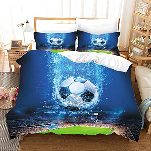 Bettwäsche 135x200 Kinder Jungen Fußball Thema Bettbezug Blau Grün Fußball Drucken Muster Betten Set für Fussball-Fan Sport Bettbezug (A3,135 x 200cm) von JLCZBT