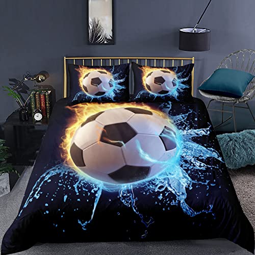 Fußball Drucken Bettwäsche Kinder 135x200cm Moderne Fußball Sport Bettbezug Blau Schwarz Bettwäsche für Jungen Teenager Fussball-Fan (A2,135x200 cm) von JLCZBT