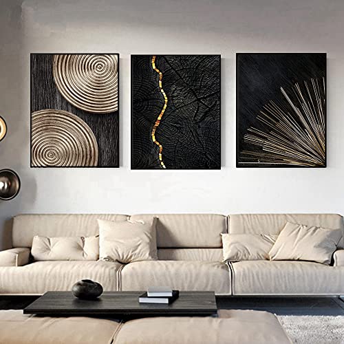 JLCZBT 3er Design Leinwand Bilder Schwarz Gold Jahresring Linien Poster Nordic Wandkunst Bilder Home Deko Wandbilder Linien Leinwand Schwarz Weiß Gold Ohne Rahmen (Schwarz Weiß Gold,60x90cm) von JLCZBT