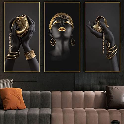 JLCZBT 3er Set Abstrakte Schwarz Gold Bilder Afrikanische Frauen Leinwand Bilder Schwarze Frauen Poster Wandkunst Bild Rahmenloses (60×120cm) von JLCZBT