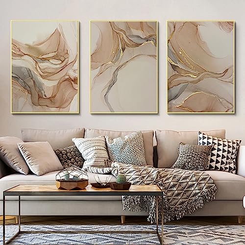 JLCZBT 3er Set Gold Marmor Poster Beige Fluid Art Textur Wandbilder Abstrakt Leinwandbild Modern Wohnzimmer Büro Deko Beige Bild Ohne Rahmen (60×90cm*3) von JLCZBT