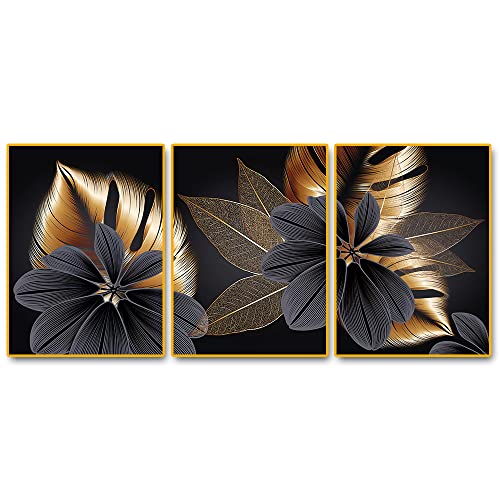 JLCZBT 3er Set Leinwand Bilder, Golden Pflanzenblatt Bild Wandbilder, Moderne Golden Blätter Bilder 50x70cm, Home Deko Poster Grüne Schwarz Gold mit Palmblatt, Ohne Rahmen (A,50×70cm×3) von JLCZBT