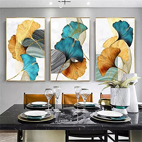 JLCZBT 3er Set Leinwandbilder Blau Grün Gelb Gold Ginkgo Biloba Bilder auf Leinwand Abstraktes Poster Pflanzenblatt Bild Wandbild Kein Rahmen (60×90cm) von JLCZBT