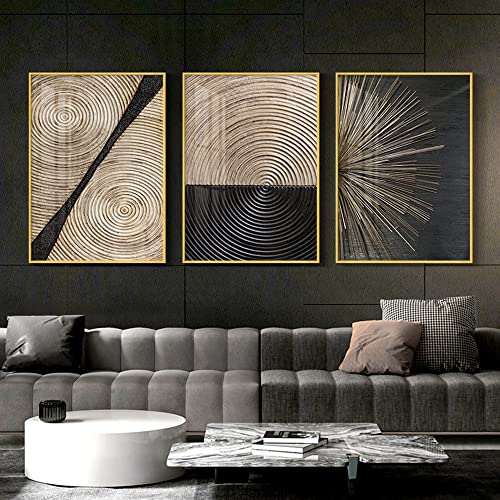 JLCZBT 3er Set Moderne Abstrakte Wandbilder, Schwarz Gold Jahresring Linien Leinwand Bilder, Malerei für Wohnzimmer Dekor,Ohne Rahmen (50×70cm×3) von JLCZBT