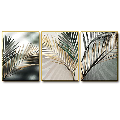 JLCZBT 3er Set Moderne Bilder Golden Pflanzenblatt Bild Grüne Palmblatt Leinwandbilder Botanikbilder Poster Home Deko Wandbild Grüne Gold Ohne Rahmen (50×70cm*3) von JLCZBT