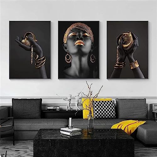 JLCZBT 3er set Schwarz Gold Bilder Afrikanische Frau Leinwand Schwarze Hände Poster Fashion Frau Bild mit Gold Lippen Wand Poster Kein Rahmen (Schwarz Gold, 40×60cm x3) von JLCZBT