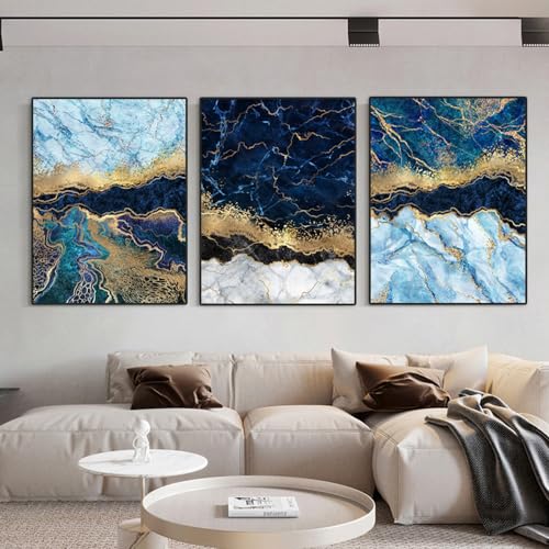 JLCZBT Abstrakt Leinwand Bilder 3er Set, Blau Grau Gold Marmor Textur Poster, Wohnzimmer Wandbildr Gold, Moderne Marmor Wandkunst Leinwand Poster, Kein Rahmen (Blau,30x40cm) von JLCZBT