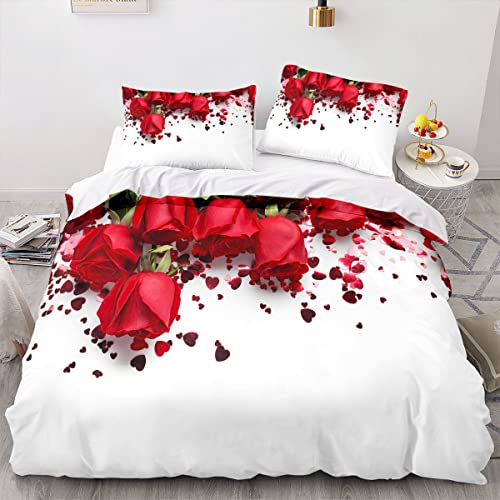 JLCZBT Bettwäsche Rote Rose Bettwäsche 135x200cm Romantische Blume Bettbezug Rote Rose Blumen Muster Bettwäsche Set mit Kissenbezüge (A4,135 x 200 cm) von JLCZBT